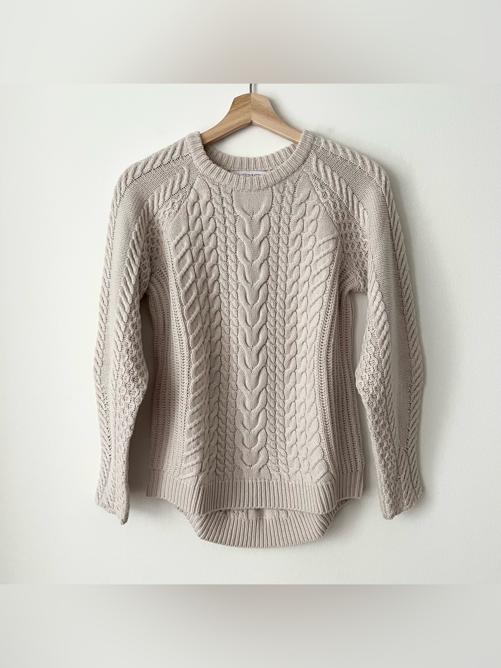 Intermix Women's Wool Cashmere Cable Knit Sweater Balloon Sleeves XS Ivory Gray